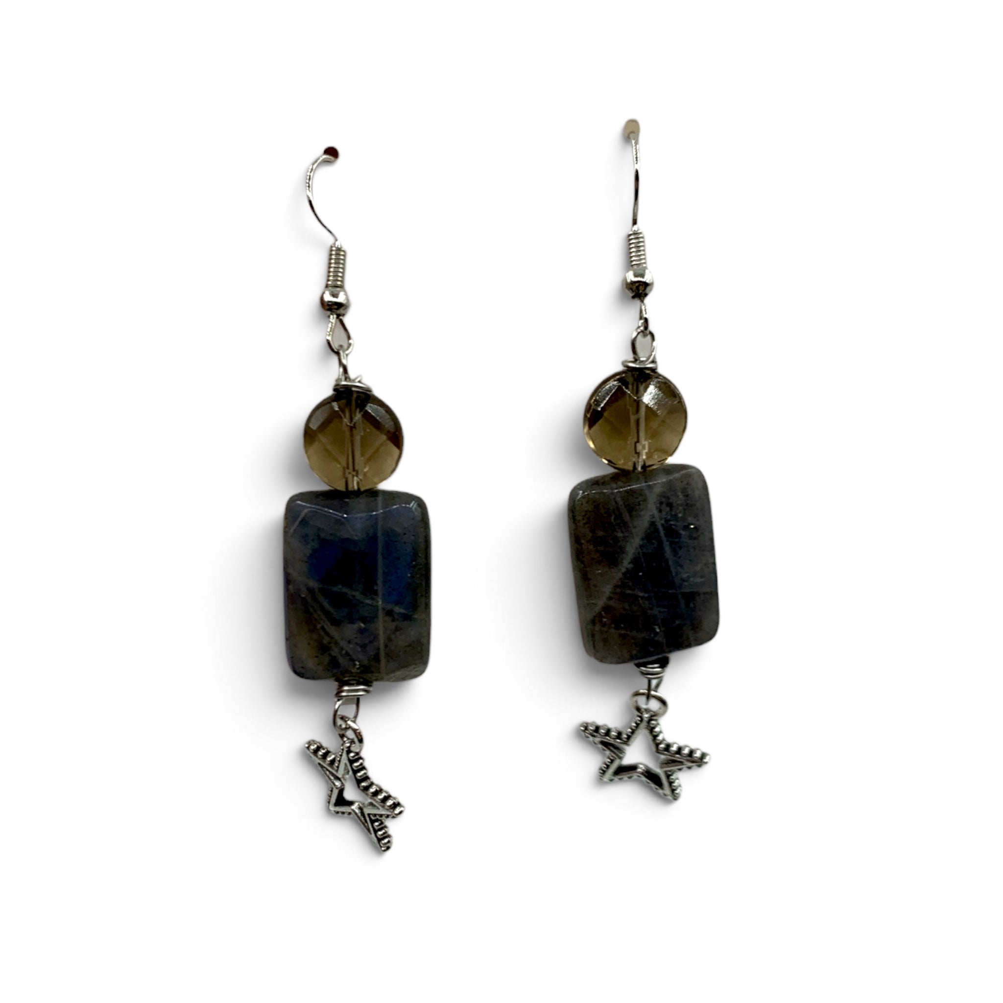 Earrings - Labradorite & Smoky Quartz Star Charm $40